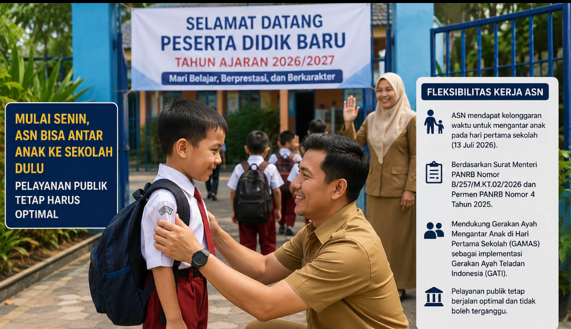 Pegawai aparatur sipil negara mendampingi anak pada hari pertama masuk sekolah