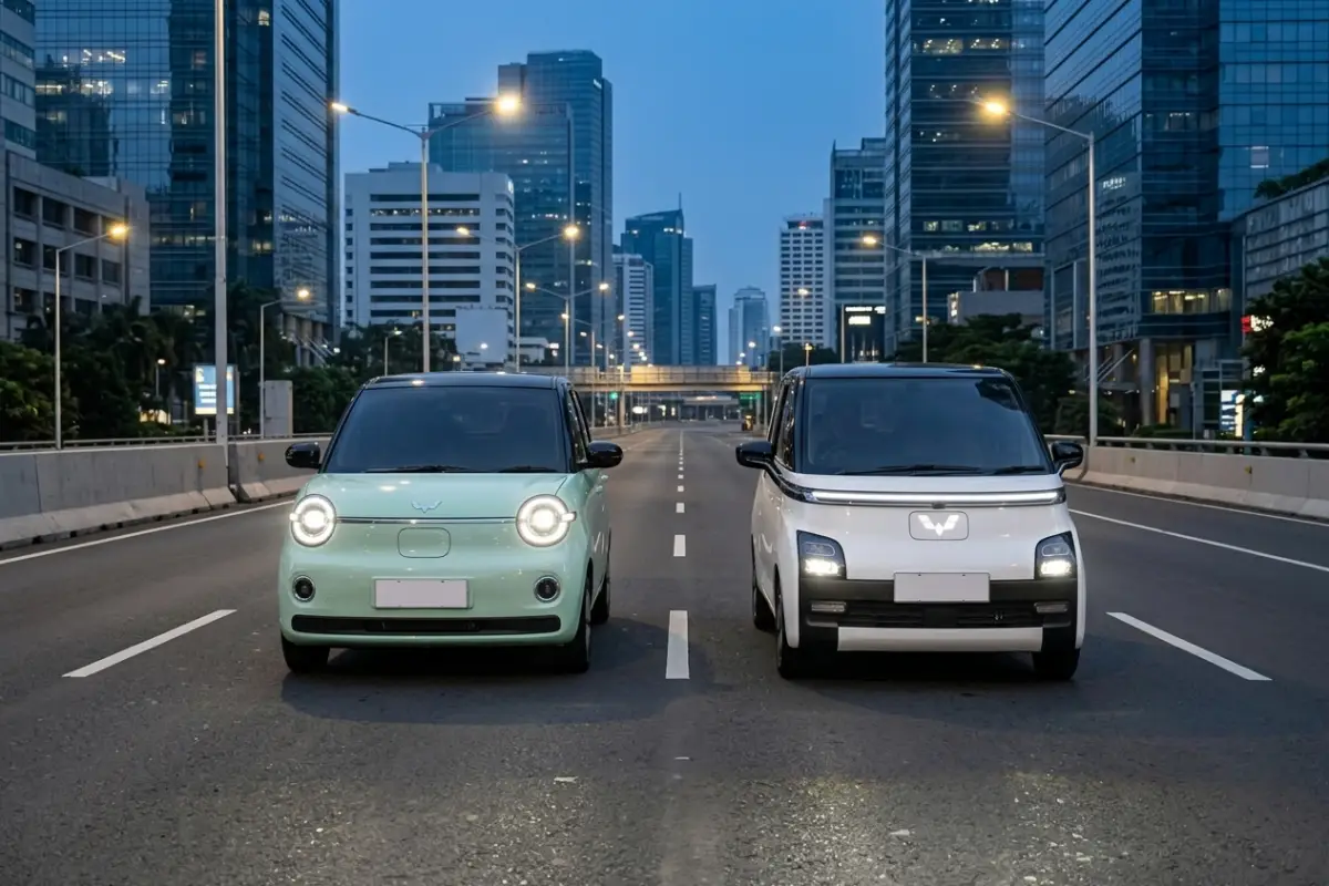 Ilustrasi perbandingan mobil listrik Wuling Aira EV dengan Wuling Air EV